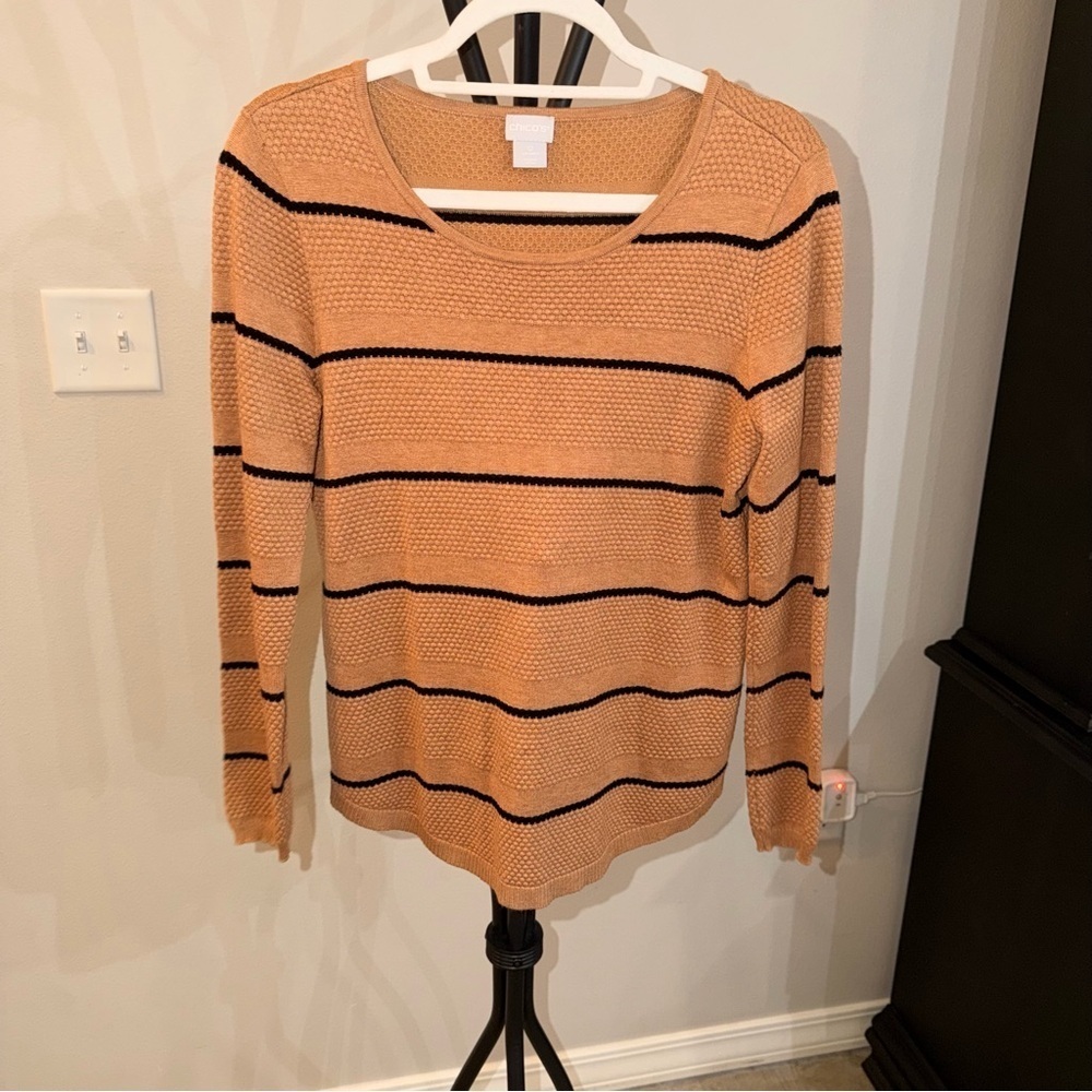 Chico’s Lightweight Textured Knit Sweater Camel Black Stripe Casual 0